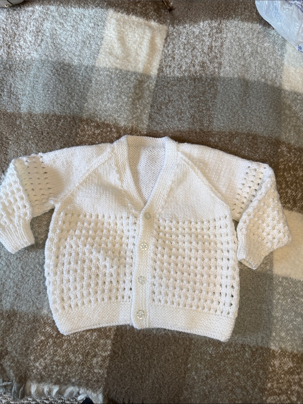 White Hand knit Little Girl’s Button-Front Homemade Sweater.